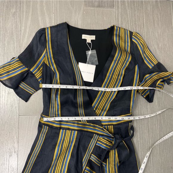 Honey Punch Linen Black Striped Ruffled Mini Wrap Dress Puff Sleeve NWT Boho S - Picture 14 of 16